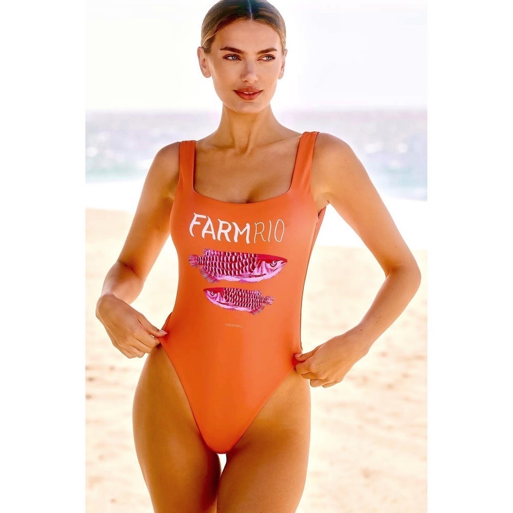 NWT Farm Rio x Anthropologie One Piece Fish Logo Print Sz M $175 Orange Low Back